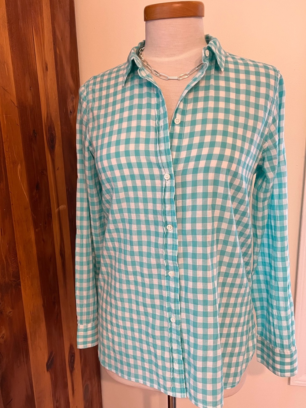 J CREW COTTON 6 Teal and White Gingham Button-Up Shirt EXCELLENT CONDITION